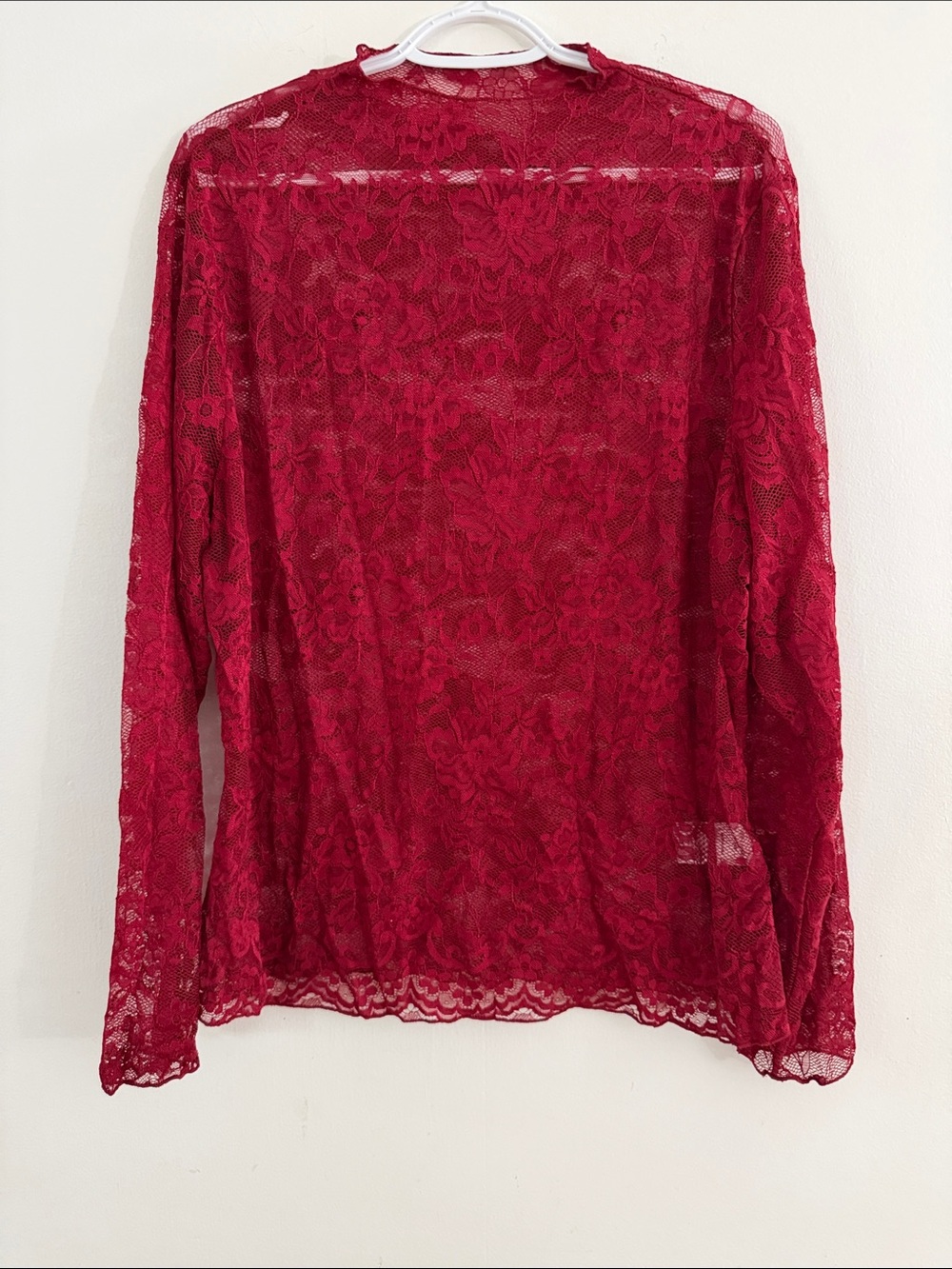 Women's Red Lace Long-Sleeve Sheer Blouse
